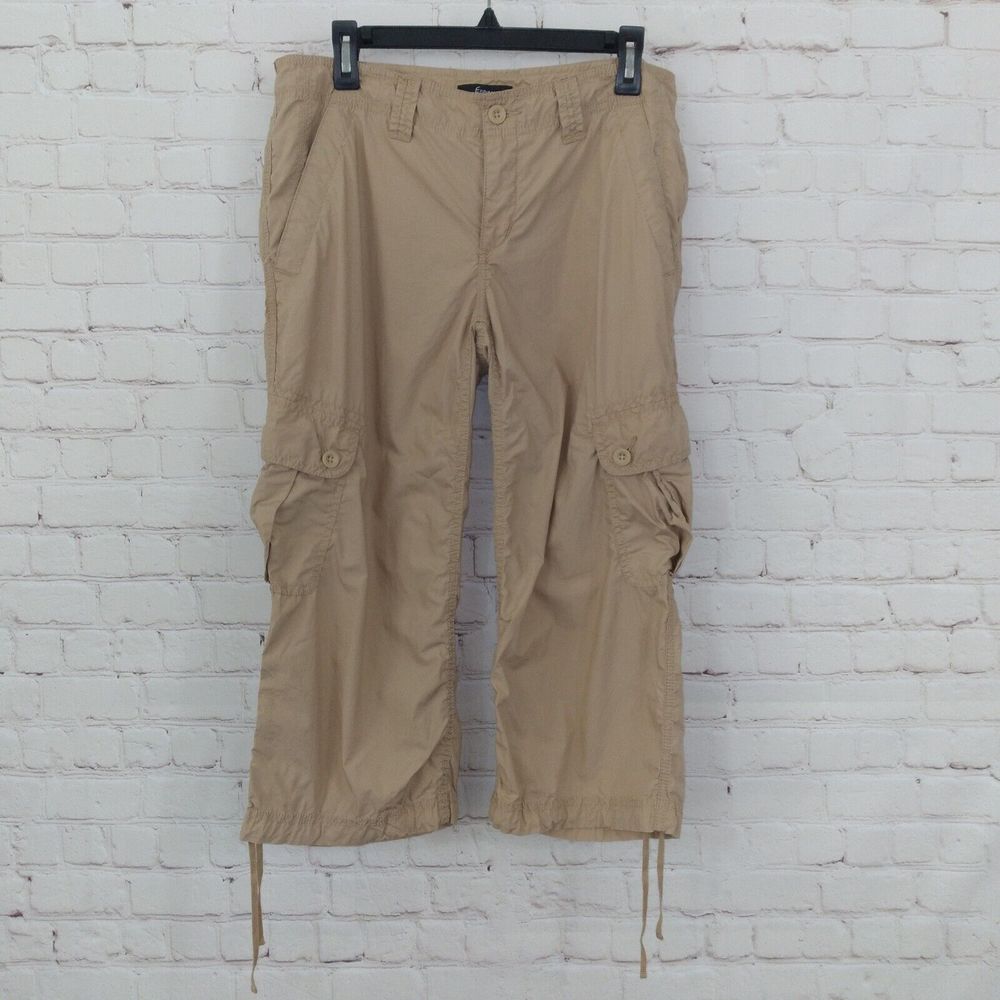 Express Pants Womens 10 Brown Low Rise Cargo Cropped Cotton Drawstring Leg Capri